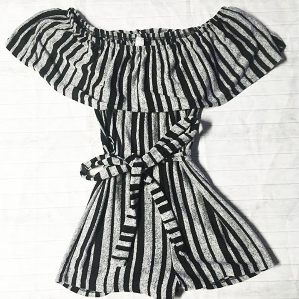 Gray / Black Striped Ruffle Neck Romper